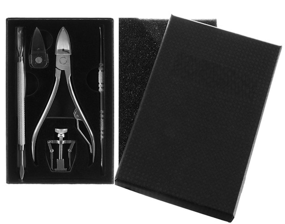 Kit Profesional pentru Unghii incarnate idealSTORE, pentru Maini si Picioare, din Otel Chirurgical, contine 6 Unelte Profesionale, Cutie de Depozitare