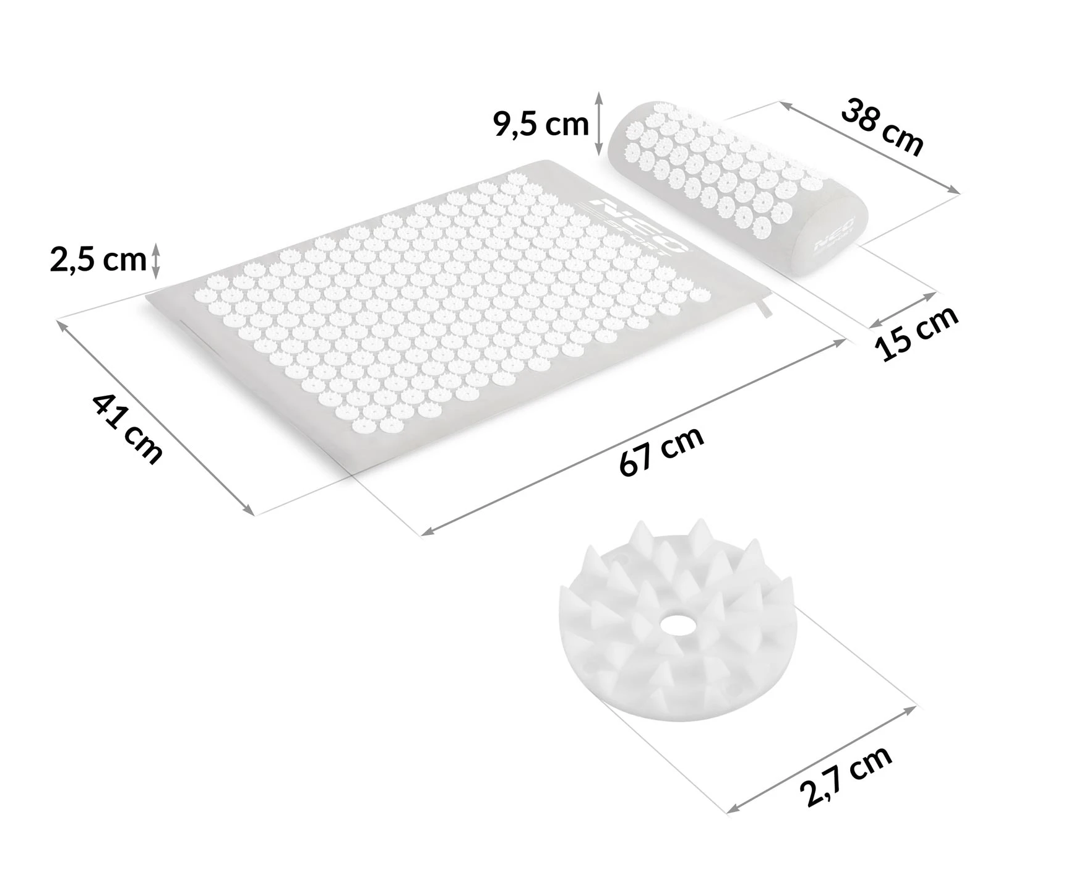 Covoras de Presopunctura NeoRelax idealStore, Tehnologie Heat-Press, Husa Detasabila, Saculet de Depozitare, Ajuta la Diverse Afectiuni, Culoare Gri Alb