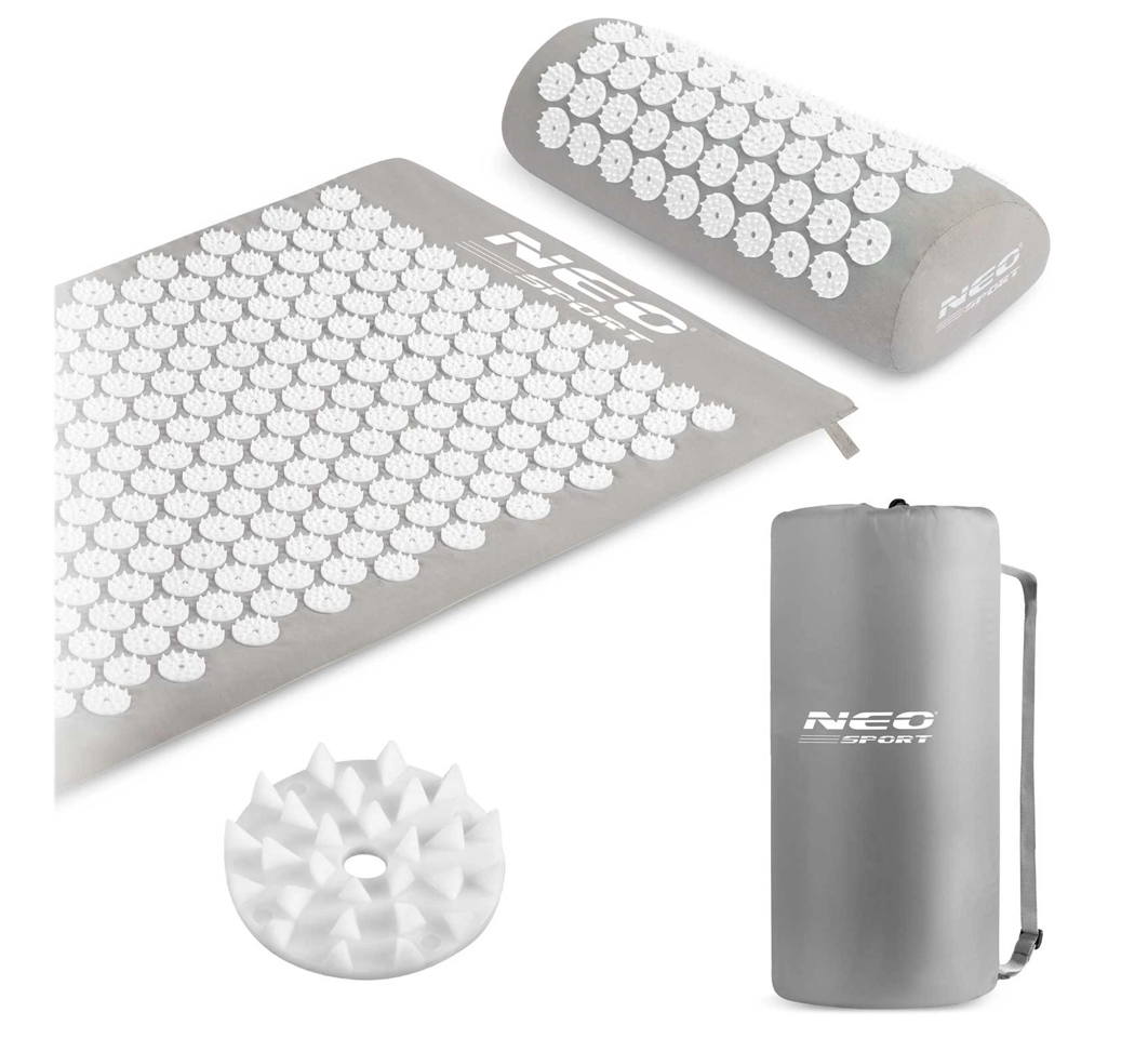 Covoras de Presopunctura NeoRelax idealStore, Tehnologie Heat-Press, Husa Detasabila, Saculet de Depozitare, Ajuta la Diverse Afectiuni, Culoare Gri Alb