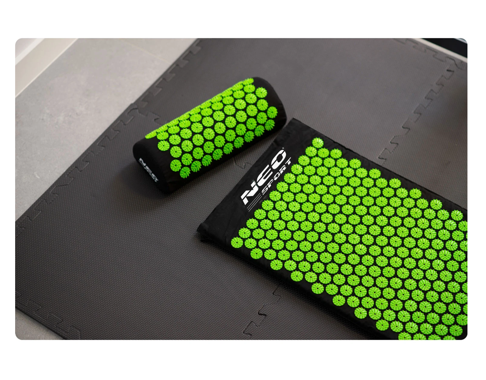 Covoras de Presopunctura NeoRelax idealStore, Tehnologie Heat-Press, Husa Detasabila, Saculet de Depozitare, Ajuta la Diverse Afectiuni, Culoare Negru Verde