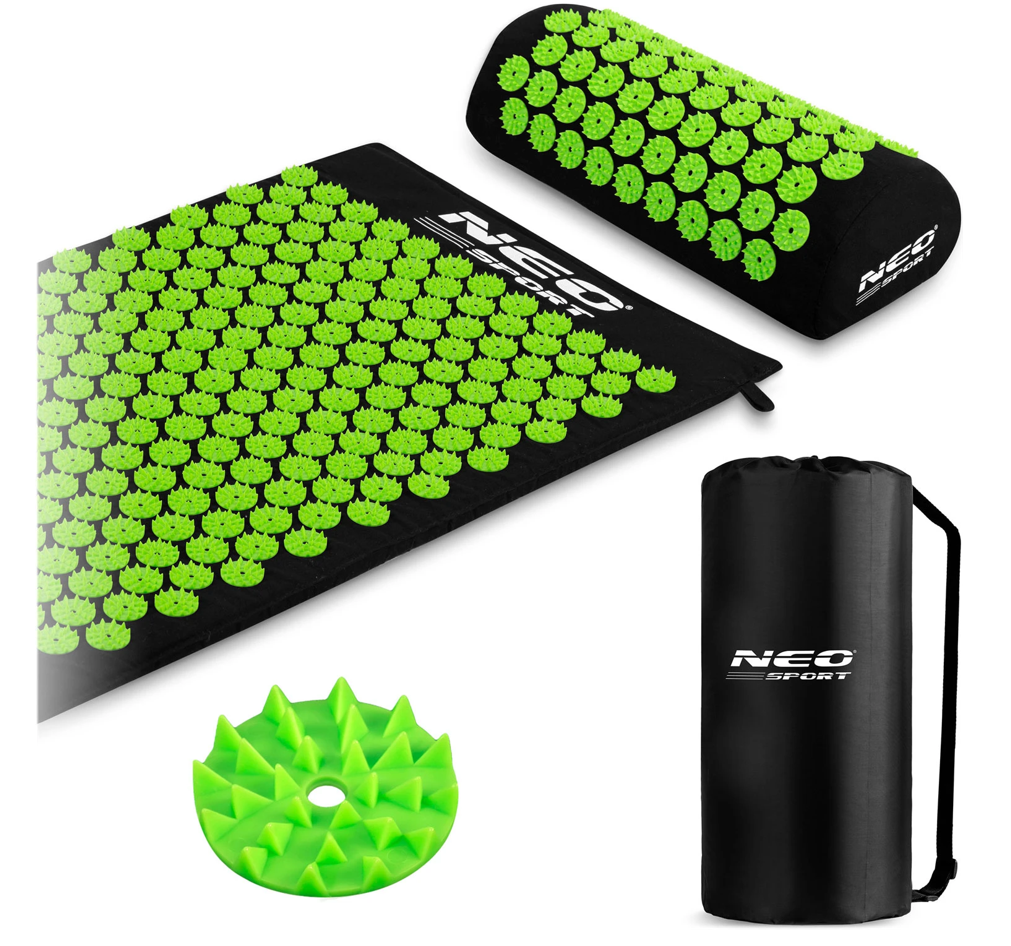 Covoras de Presopunctura NeoRelax idealStore, Tehnologie Heat-Press, Husa Detasabila, Saculet de Depozitare, Ajuta la Diverse Afectiuni, Culoare Negru Verde