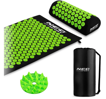 Covoras de Presopunctura NeoRelax idealStore, Tehnologie Heat-Press, Husa Detasabila, Saculet de Depozitare, Ajuta la Diverse Afectiuni, Culoare Negru Verde