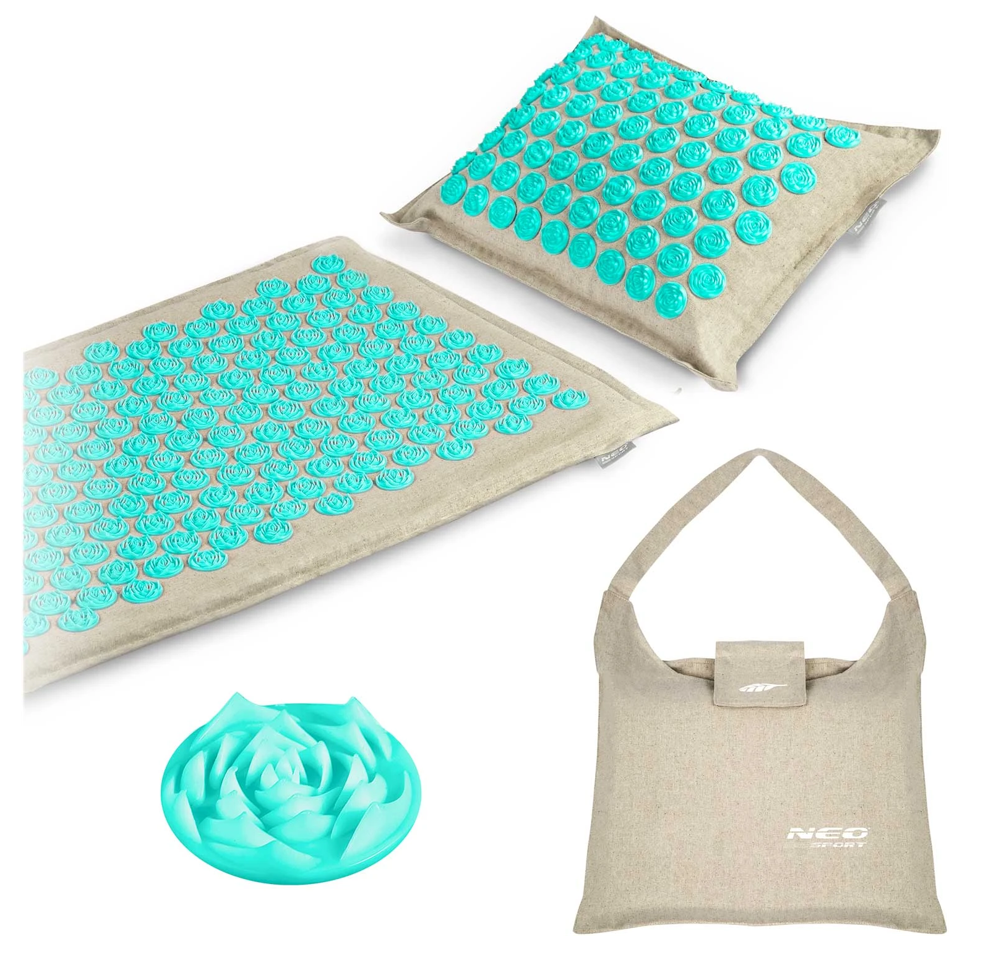 Covoras de Presopunctura NeoRelax idealStore, Tehnologie Heat-Press, Husa Detasabila, Saculet de Depozitare, Ajuta la Diverse Afectiuni, Culoare Gri Turcoaz