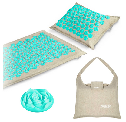 Covoras de Presopunctura NeoRelax idealStore, Tehnologie Heat-Press, Husa Detasabila, Saculet de Depozitare, Ajuta la Diverse Afectiuni, Culoare Gri Turcoaz