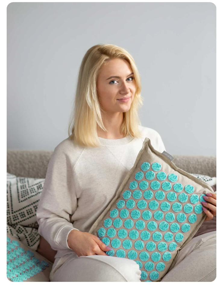 Covoras de Presopunctura NeoRelax idealStore, Tehnologie Heat-Press, Husa Detasabila, Saculet de Depozitare, Ajuta la Diverse Afectiuni, Culoare Gri Turcoaz