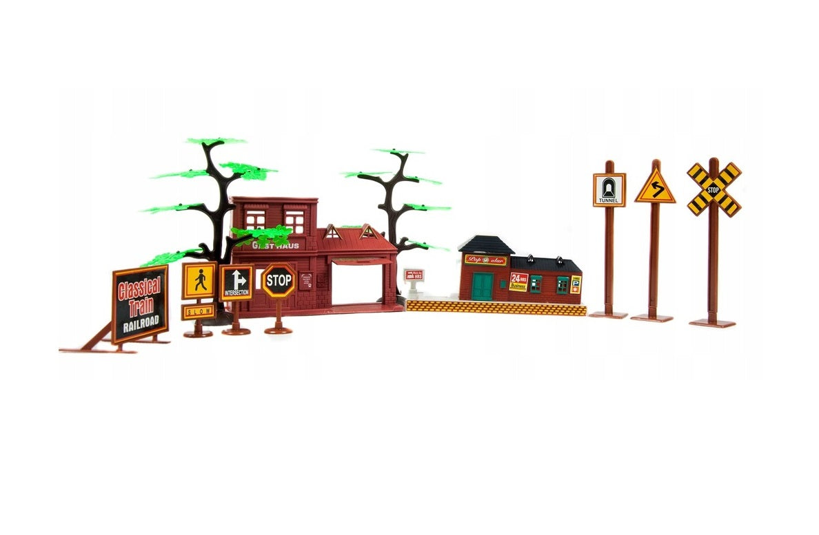 Circuit electric cu tren idealSTORE Rail Classic Train, Include locomotive, vagoane, elemente de trasee si indicatoare feroviare, Accesorizat cu lumini, sunete si abur, Dezvolta imaginatia, abilitatile manuale si coordonarea