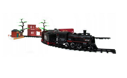 Circuit electric cu tren idealSTORE Rail Classic Train, Include locomotive, vagoane, elemente de trasee si indicatoare feroviare, Accesorizat cu lumini, sunete si abur, Dezvolta imaginatia, abilitatile manuale si coordonarea