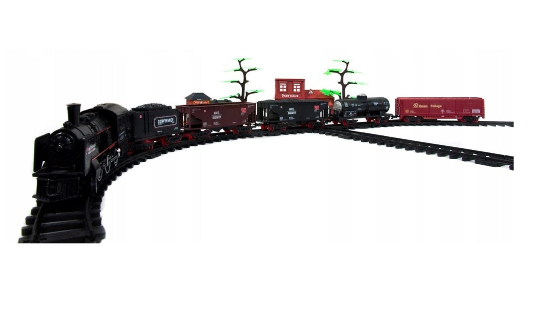 Circuit electric cu tren idealSTORE Rail Classic Train, Include locomotive, vagoane, elemente de trasee si indicatoare feroviare, Accesorizat cu lumini, sunete si abur, Dezvolta imaginatia, abilitatile manuale si coordonarea