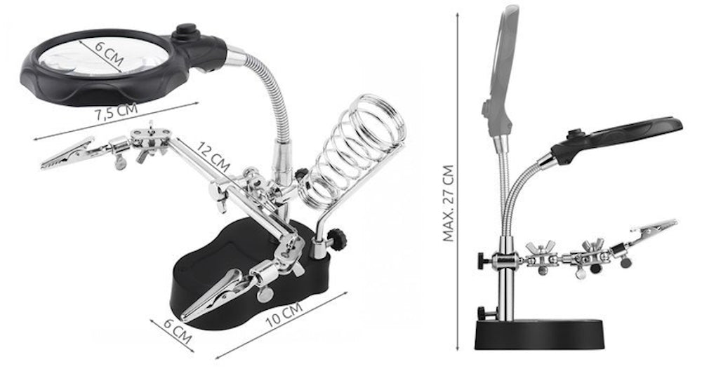 Lupa de Masa cu LED idealSTORE, Doua Brate cu Cleme Crocodil, Suport pentru Letcon, Rotire Nelimitata, Lupa 3.5x si 12x, pentru Lipire si Fixare
