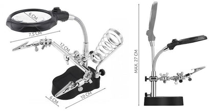 Lupa de Masa cu LED idealSTORE, Doua Brate cu Cleme Crocodil, Suport pentru Letcon, Rotire Nelimitata, Lupa 3.5x si 12x, pentru Lipire si Fixare