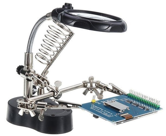 Lupa de Masa cu LED idealSTORE, Doua Brate cu Cleme Crocodil, Suport pentru Letcon, Rotire Nelimitata, Lupa 3.5x si 12x, pentru Lipire si Fixare