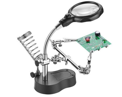 Lupa de Masa cu LED idealSTORE, Doua Brate cu Cleme Crocodil, Suport pentru Letcon, Rotire Nelimitata, Lupa 3.5x si 12x, pentru Lipire si Fixare