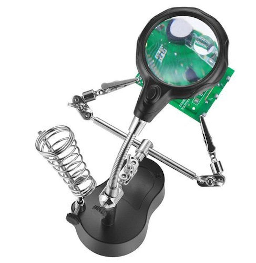 Lupa de Masa cu LED idealSTORE, Doua Brate cu Cleme Crocodil, Suport pentru Letcon, Rotire Nelimitata, Lupa 3.5x si 12x, pentru Lipire si Fixare