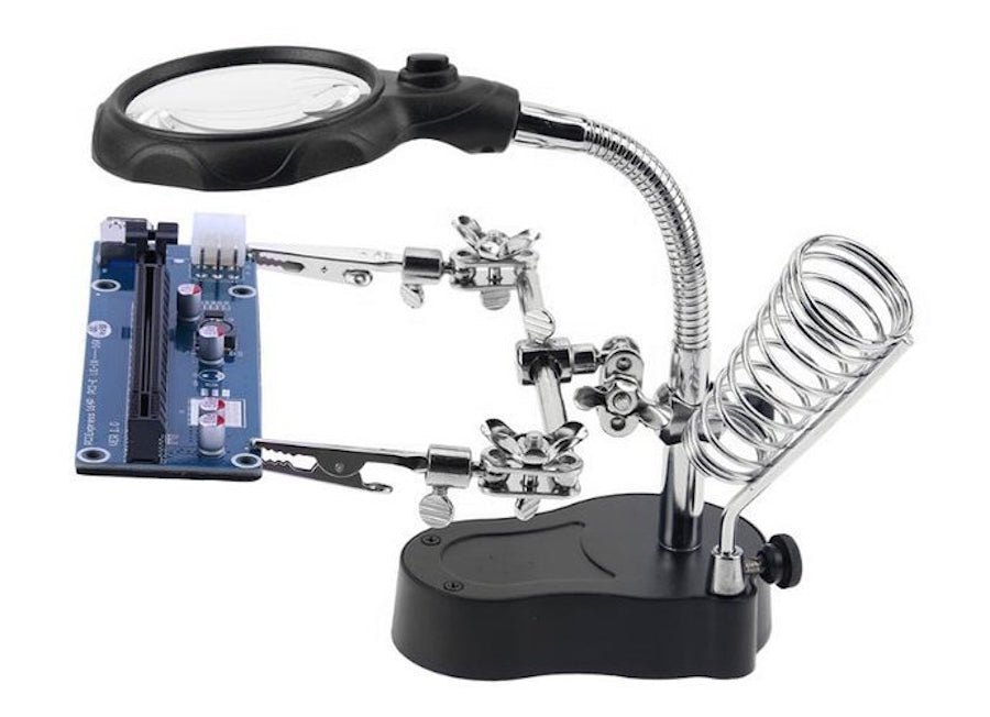 Lupa de Masa cu LED idealSTORE, Doua Brate cu Cleme Crocodil, Suport pentru Letcon, Rotire Nelimitata, Lupa 3.5x si 12x, pentru Lipire si Fixare