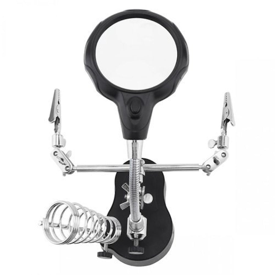 Lupa de Masa cu LED idealSTORE, Doua Brate cu Cleme Crocodil, Suport pentru Letcon, Rotire Nelimitata, Lupa 3.5x si 12x, pentru Lipire si Fixare