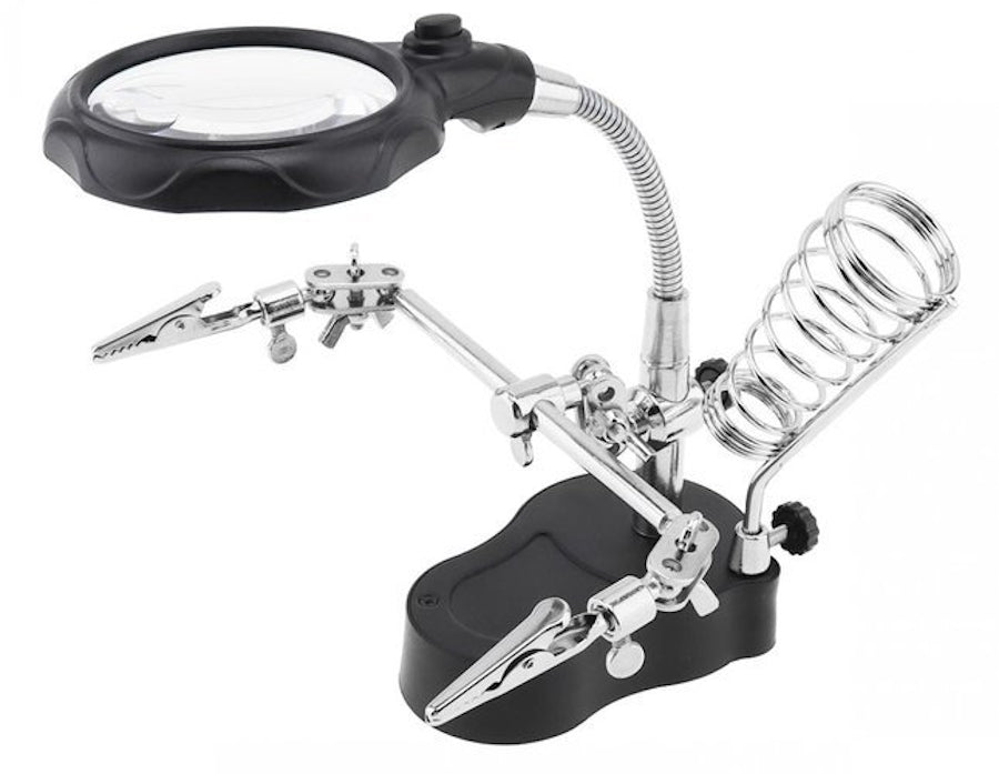 Lupa de Masa cu LED idealSTORE, Doua Brate cu Cleme Crocodil, Suport pentru Letcon, Rotire Nelimitata, Lupa 3.5x si 12x, pentru Lipire si Fixare