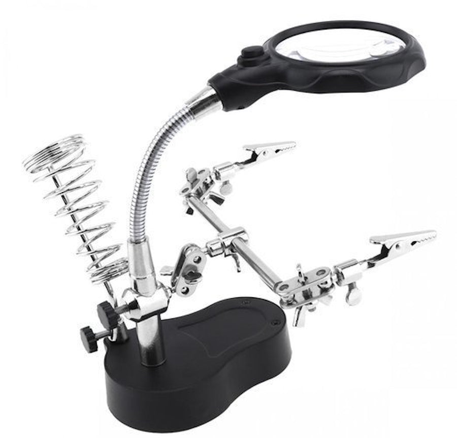 Lupa de Masa cu LED idealSTORE, Doua Brate cu Cleme Crocodil, Suport pentru Letcon, Rotire Nelimitata, Lupa 3.5x si 12x, pentru Lipire si Fixare