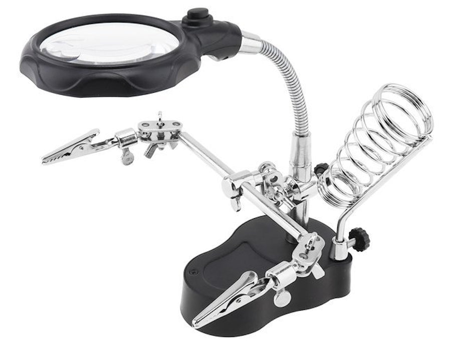 Lupa de Masa cu LED idealSTORE, Doua Brate cu Cleme Crocodil, Suport pentru Letcon, Rotire Nelimitata, Lupa 3.5x si 12x, pentru Lipire si Fixare