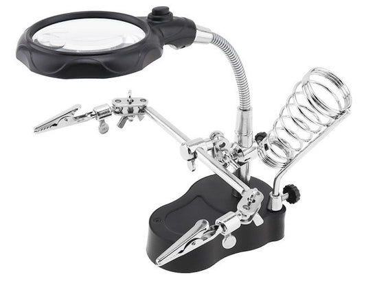 Lupa de Masa cu LED idealSTORE, Doua Brate cu Cleme Crocodil, Suport pentru Letcon, Rotire Nelimitata, Lupa 3.5x si 12x, pentru Lipire si Fixare