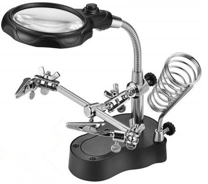 Lupa de Masa cu LED idealSTORE, Doua Brate cu Cleme Crocodil, Suport pentru Letcon, Rotire Nelimitata, Lupa 3.5x si 12x, pentru Lipire si Fixare