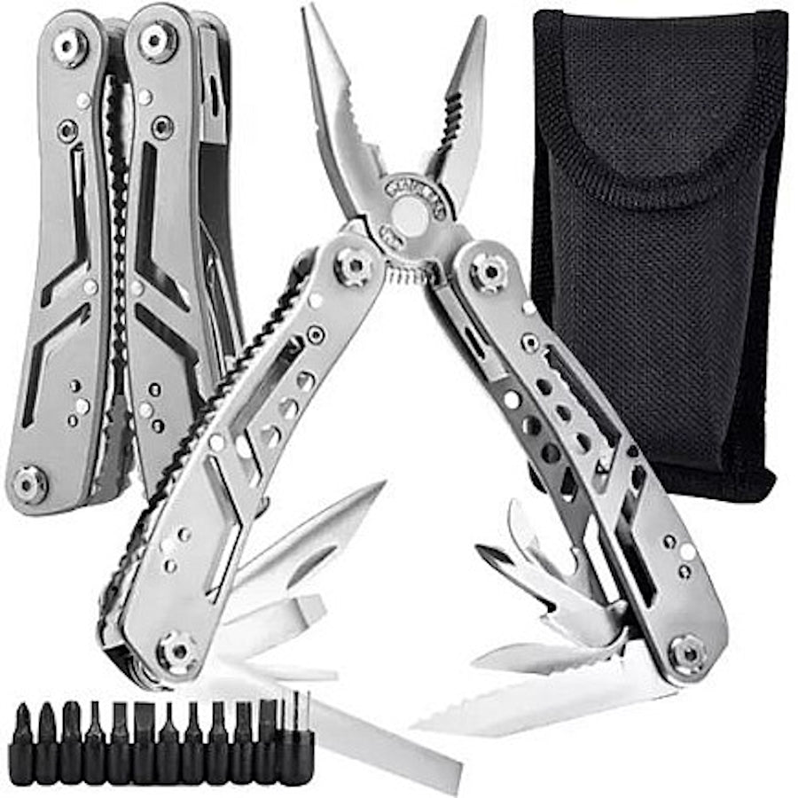 Cleste Patent idealSTORE Multifunctional 13in1 + 11 Biti, din Otel Inoxidabil de Calitate Superioara, pentru Drumetii, Camping, Pescuit, Gradinarit, cu Husa de Depozitare, Greutate 260 g