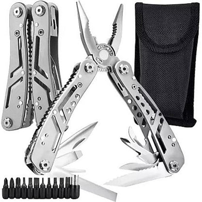 Cleste Patent idealSTORE Multifunctional 13in1 + 11 Biti, din Otel Inoxidabil de Calitate Superioara, pentru Drumetii, Camping, Pescuit, Gradinarit, cu Husa de Depozitare, Greutate 260 g