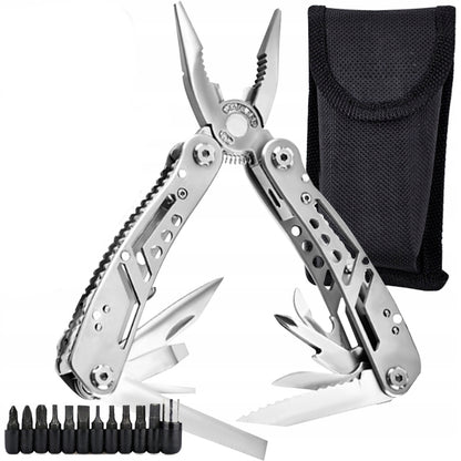 Cleste Patent idealSTORE Multifunctional 13in1 + 11 Biti, din Otel Inoxidabil de Calitate Superioara, pentru Drumetii, Camping, Pescuit, Gradinarit, cu Husa de Depozitare, Greutate 260 g