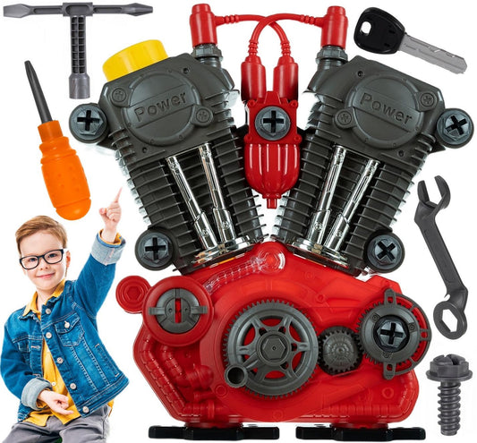Jucarie interactiva idealStore Motor de Masina MotorPOWER, cu Cheie de Pornire, Lumini Led, Bujii, Fise, Sunete Realiste, Scule, Dezvolta Gandirea Logica, Coordonarea Mana Ochi si Concentrarea