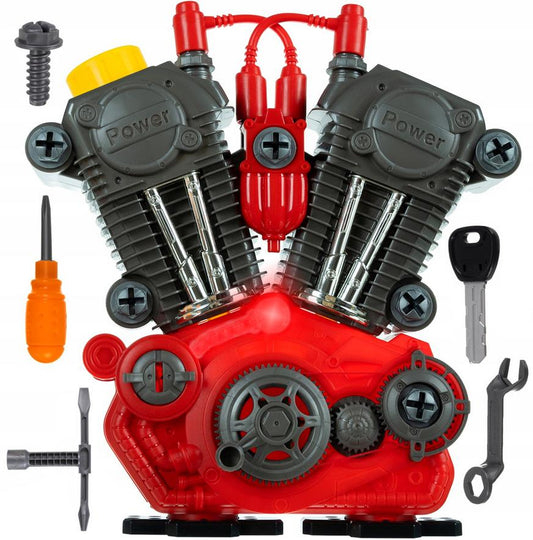Jucarie interactiva idealStore Motor de Masina MotorPOWER, cu Cheie de Pornire, Lumini Led, Bujii, Fise, Sunete Realiste, Scule, Dezvolta Gandirea Logica, Coordonarea Mana Ochi si Concentrarea