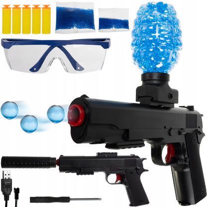 Pistol cu Bile Gel si Gloante din Spuma idealStore SuperWEAPON, cu Acumulator, 15 m Raza de Actiune, Contine 6000 bile Gel si 5 Gloante, Ochelari de Protectie, Cablu de incarcare