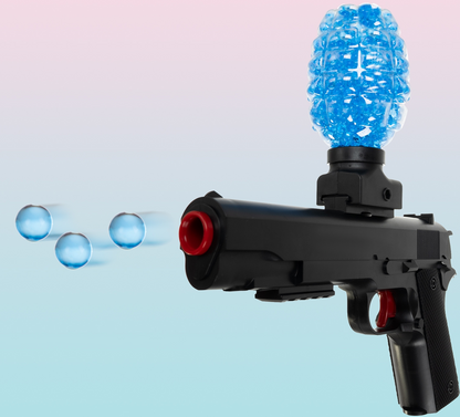 Pistol cu Bile Gel si Gloante din Spuma idealStore SuperWEAPON, cu Acumulator, 15 m Raza de Actiune, Contine 6000 bile Gel si 5 Gloante, Ochelari de Protectie, Cablu de incarcare