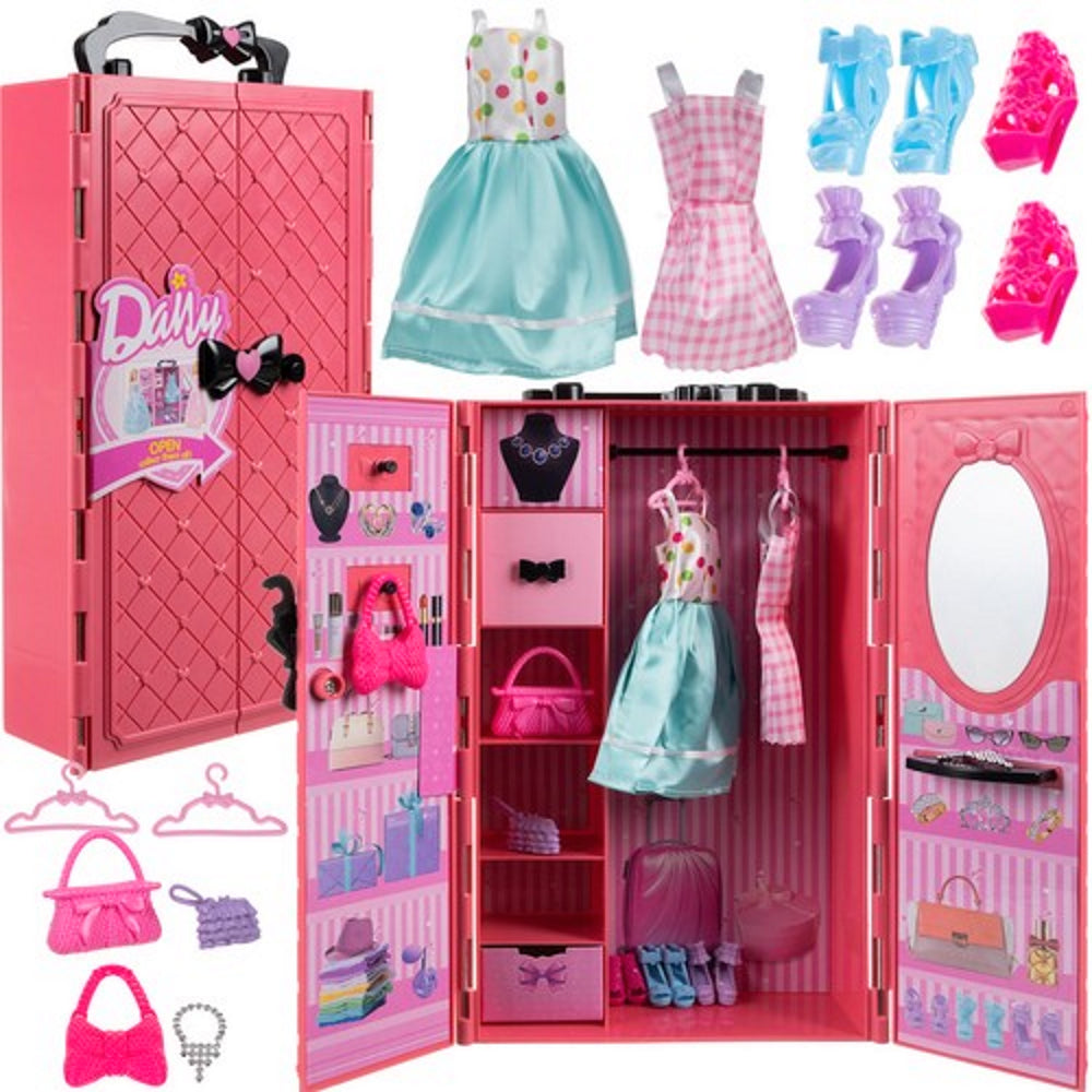Dulap cu Haine si Accesorii pentru Papusi idealStore DressingFUN, Contine Rochii, Pantofi, Genti, Umerase si alte accesorii, Dezvolta Simtul Artistic si Vizual