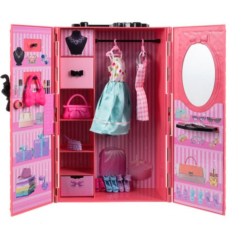Dulap cu Haine si Accesorii pentru Papusi idealStore DressingFUN, Contine Rochii, Pantofi, Genti, Umerase si alte accesorii, Dezvolta Simtul Artistic si Vizual