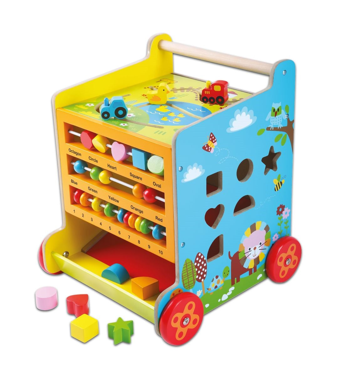 Impingator Educational din lemn tip Cub idealSTORE, Dimensiuni 42 x 35 x 35 cm, Dezvolta abilitatile motrii ale copilului, Echipat cu pereti care au functionalitate si caracter complet diferit, Insotior al primelor plimbari