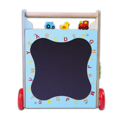 Impingator Educational din lemn tip Cub idealSTORE, Dimensiuni 42 x 35 x 35 cm, Dezvolta abilitatile motrii ale copilului, Echipat cu pereti care au functionalitate si caracter complet diferit, Insotior al primelor plimbari