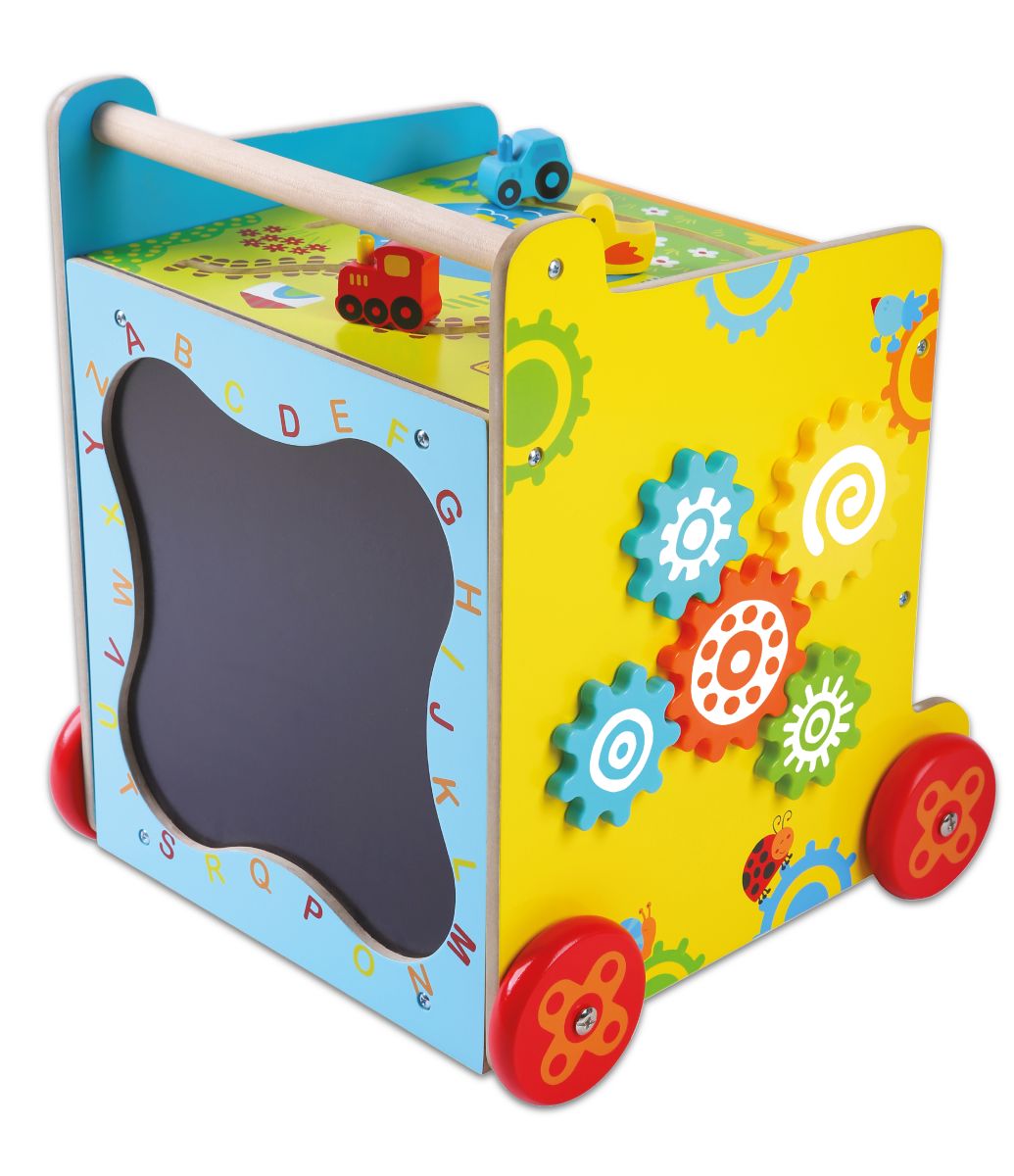 Impingator Educational din lemn tip Cub idealSTORE, Dimensiuni 42 x 35 x 35 cm, Dezvolta abilitatile motrii ale copilului, Echipat cu pereti care au functionalitate si caracter complet diferit, Insotior al primelor plimbari