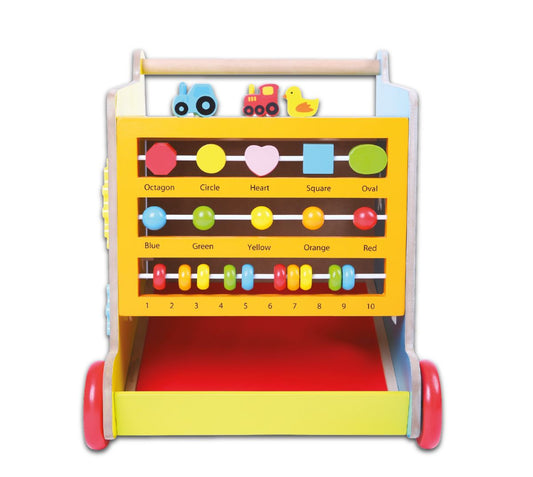 Impingator Educational din lemn tip Cub idealSTORE, Dimensiuni 42 x 35 x 35 cm, Dezvolta abilitatile motrii ale copilului, Echipat cu pereti care au functionalitate si caracter complet diferit, Insotior al primelor plimbari