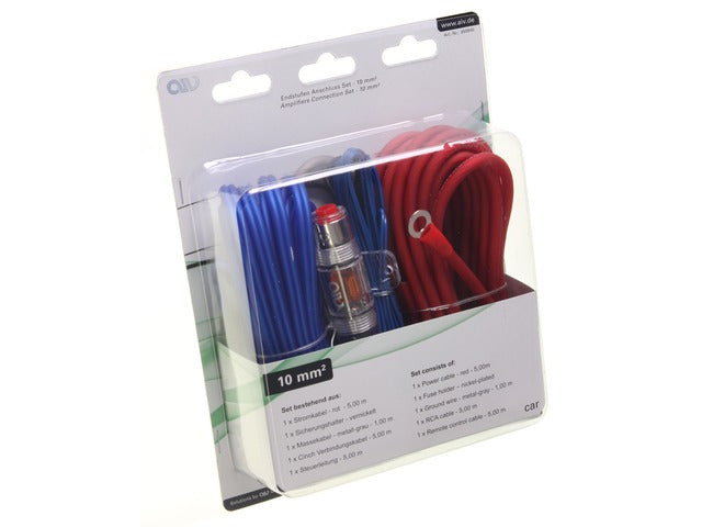 Kit cabluri IdealSTORE pentru subwoofer, grosime cablu 10mm, cablu de alimentare rosu 5,00 m, suport siguranta AGU nichelat siguranta AGU 40A