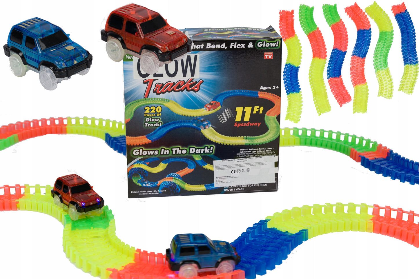 Set pista magica idealSTORE Fluorescent Track, Pista flexibila formata din 220 de elemente fluorescente, Include 3 masinute echipate cu luminite LED, Excelenta pentru orice varsta