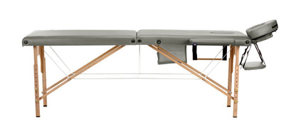 Masa de masaj pliabila idealSTORE, 2 segmente, Inaltime reglabila 62-84 cm, Piele ecologica moale, 2 cotiere laterale, Structura din lemn, Sarcina 250 KG, Rezistenta la uleiuri si apa, Include geanta de transport, Culoare Gri