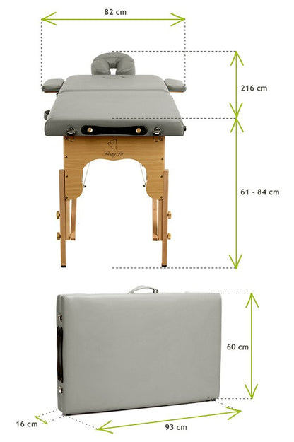 Masa de masaj pliabila idealSTORE, 2 segmente, Inaltime reglabila 62-84 cm, Piele ecologica moale, 2 cotiere laterale, Structura din lemn, Sarcina 250 KG, Rezistenta la uleiuri si apa, Include geanta de transport, Culoare Gri