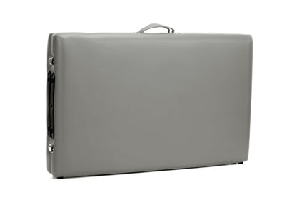 Masa de masaj pliabila idealSTORE, 2 segmente, Inaltime reglabila 62-84 cm, Piele ecologica moale, 2 cotiere laterale, Structura din lemn, Sarcina 250 KG, Rezistenta la uleiuri si apa, Include geanta de transport, Culoare Gri