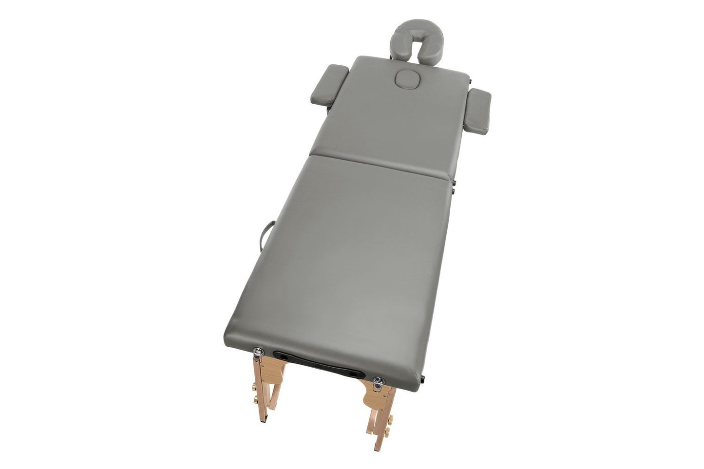 Masa de masaj pliabila idealSTORE, 2 segmente, Inaltime reglabila 62-84 cm, Piele ecologica moale, 2 cotiere laterale, Structura din lemn, Sarcina 250 KG, Rezistenta la uleiuri si apa, Include geanta de transport, Culoare Gri