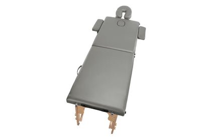 Masa de masaj pliabila idealSTORE, 2 segmente, Inaltime reglabila 62-84 cm, Piele ecologica moale, 2 cotiere laterale, Structura din lemn, Sarcina 250 KG, Rezistenta la uleiuri si apa, Include geanta de transport, Culoare Gri