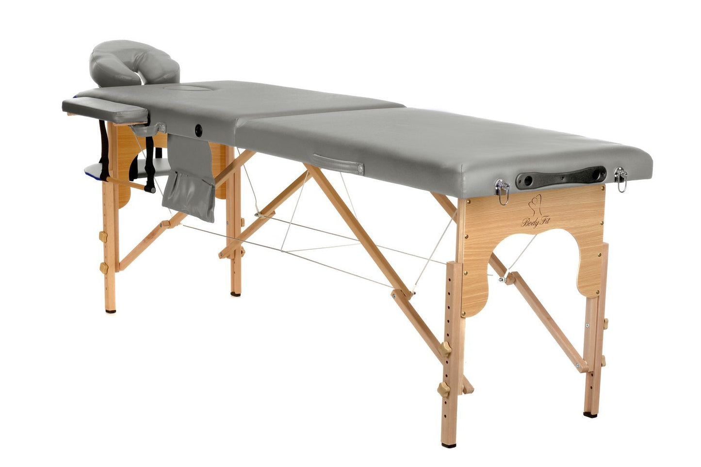 Masa de masaj pliabila idealSTORE, 2 segmente, Inaltime reglabila 62-84 cm, Piele ecologica moale, 2 cotiere laterale, Structura din lemn, Sarcina 250 KG, Rezistenta la uleiuri si apa, Include geanta de transport, Culoare Gri