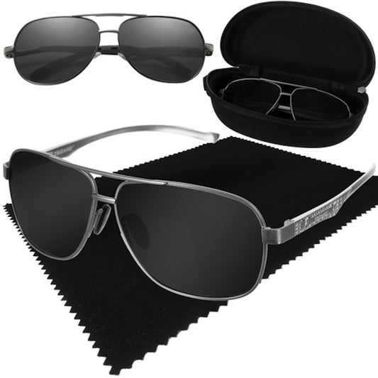 Ochelari de Soare SunGlasses idealSTORE Polarizati, Filtru UV 400, Mecanism de Absorbire a Socurilor, Amortizoare Flexibile, Categoria 3 de Nuantare, Contine Cutie de Depozitare si Laveta de Stergere, Culoare Negru
