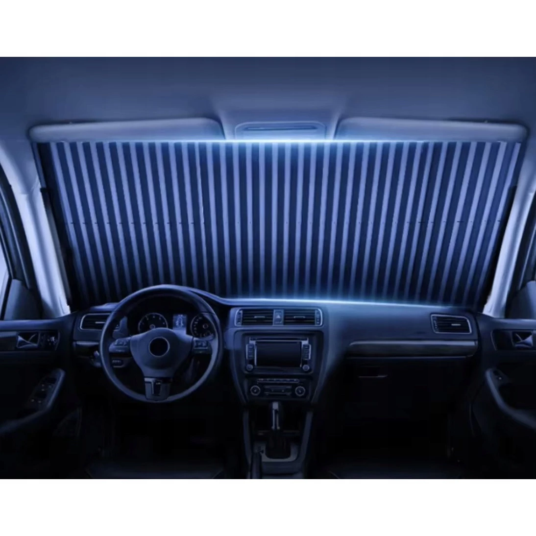 Parasolar Auto Retractabil idealStore, Prindere cu Ventuze, Latime Ajustabila, Pliere Stil Acordeon, Dimensiuni 150 x 65 cm, Strat Exterior din Aluminiu, Tratat UV