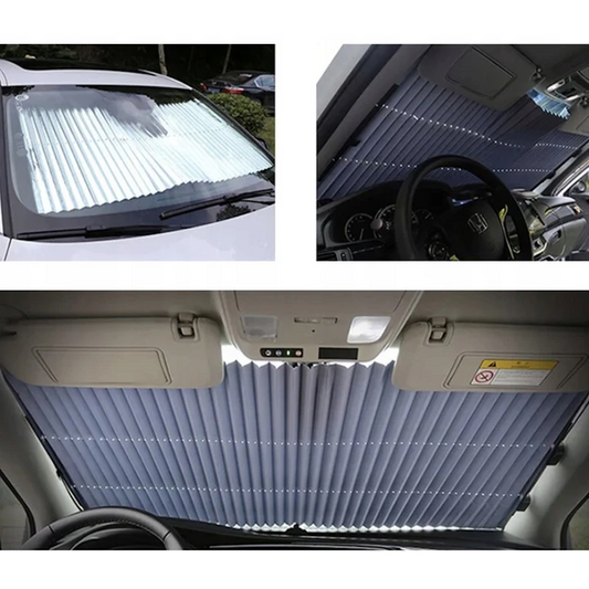 Parasolar Auto Retractabil idealStore, Prindere cu Ventuze, Latime Ajustabila, Pliere Stil Acordeon, Dimensiuni 150 x 65 cm, Strat Exterior din Aluminiu, Tratat UV