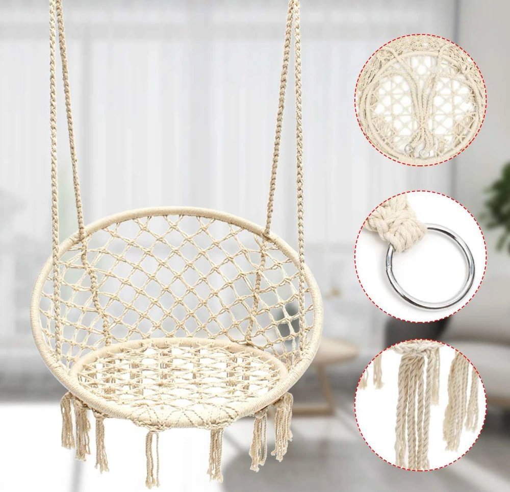 Leagan de Gradina Texty idealStore Crem, Dimensiuni 120 x 80, Cadru din Otel, Cordon din Bumbac, Design Moder, Materiale Durabile si Rezistente, Sarcina Maxima 150kg