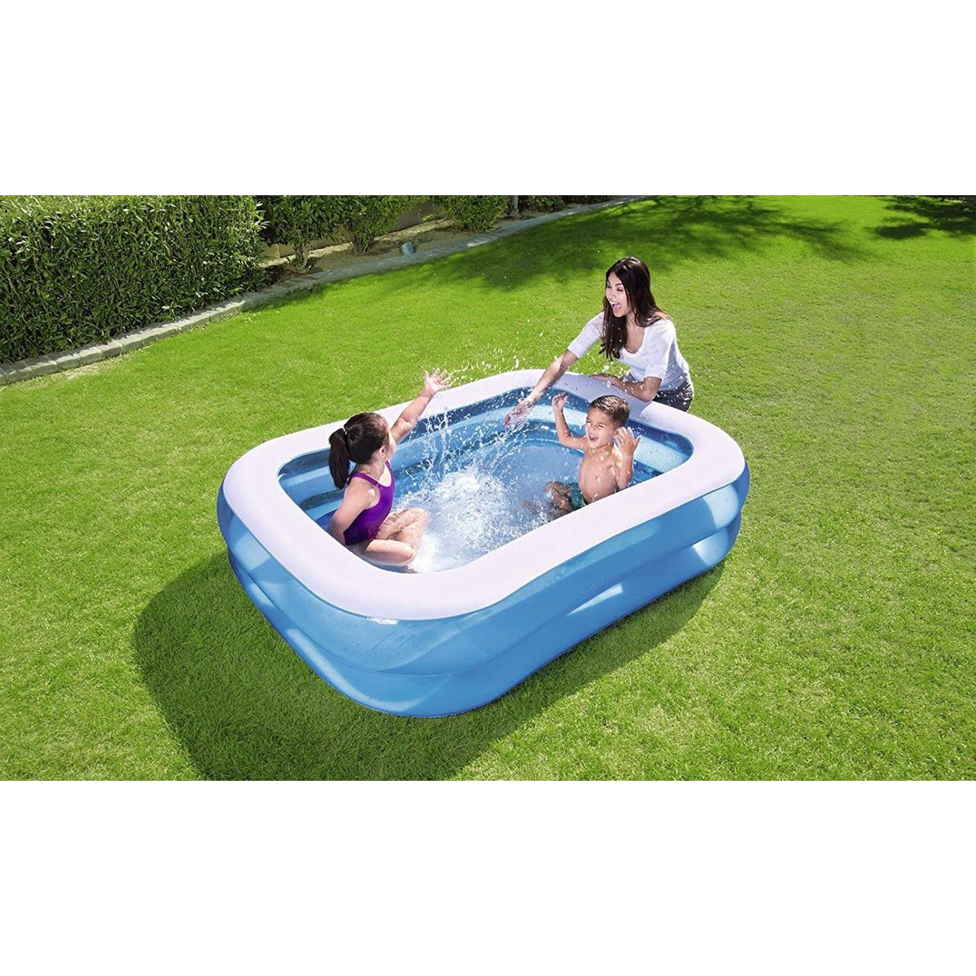 Piscina gonflabila IDL Little Family Fun, Capacitate 506 l, Dimensiune 201 x 150 x 51 cm, Forma Dreptunghiulara, Culoare Albastru-Alb, Material Vinil alaturi de Kit de reparatie cadou